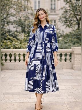 ZARA Blue & White Abstract Stripe Button Front Midi Dress 100% Cotton Size Small
